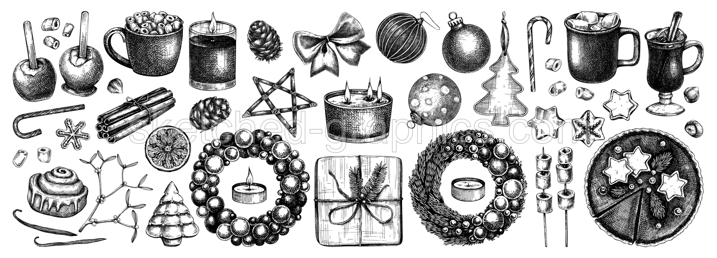 Christmas decoration - wreaths, gifts, sweets, Christmas tree decor, hot drinks and spices sketches. Vintage design elements for winter holyday. Black and white. New Year greeting card or invitation. Illustration